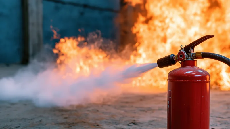 Red fire extinguisher discharging white powder toward flames in an industrial setting