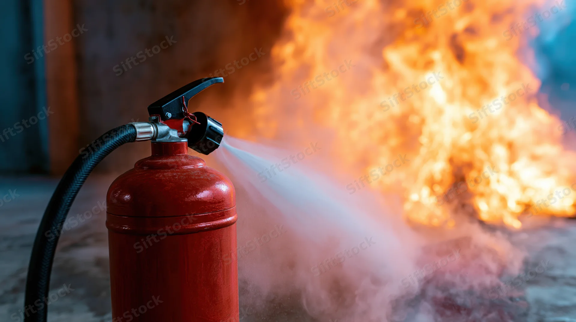 Red fire extinguisher discharging powder toward flames in an industrial setting