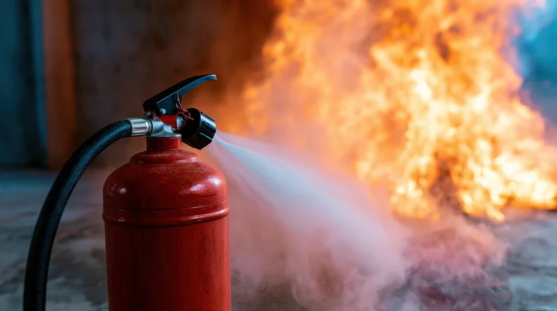 Red fire extinguisher discharging powder toward flames in an industrial setting