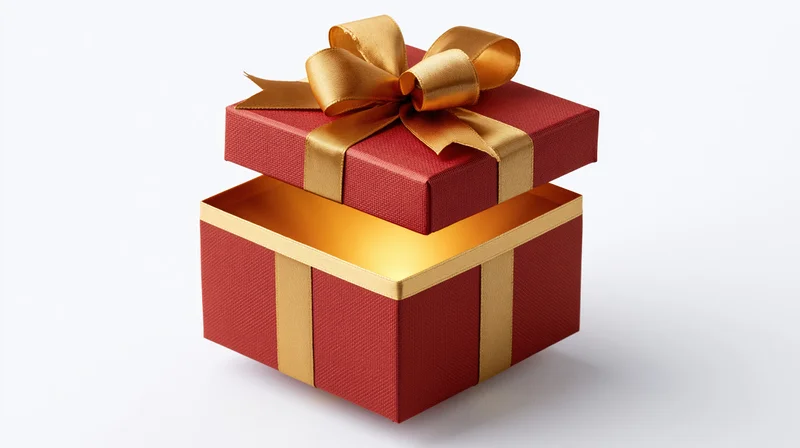 Red gift box with lid lifted open revealing glowing golden light inside