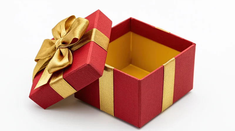 Open red gift box with gold ribbon and bow on white background