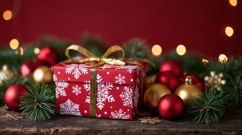 Red gift box with white snowflake pattern and gold ribbon bow surrounded by christmas ornaments and pine branches on wooden surface