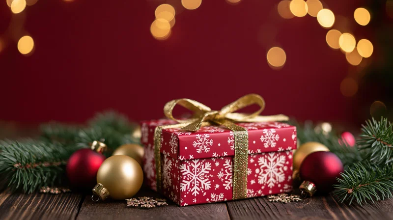 Red gift box with white snowflake pattern and gold ribbon bow on wooden table surrounded by pine branches and ornaments with blurred holiday lights in background