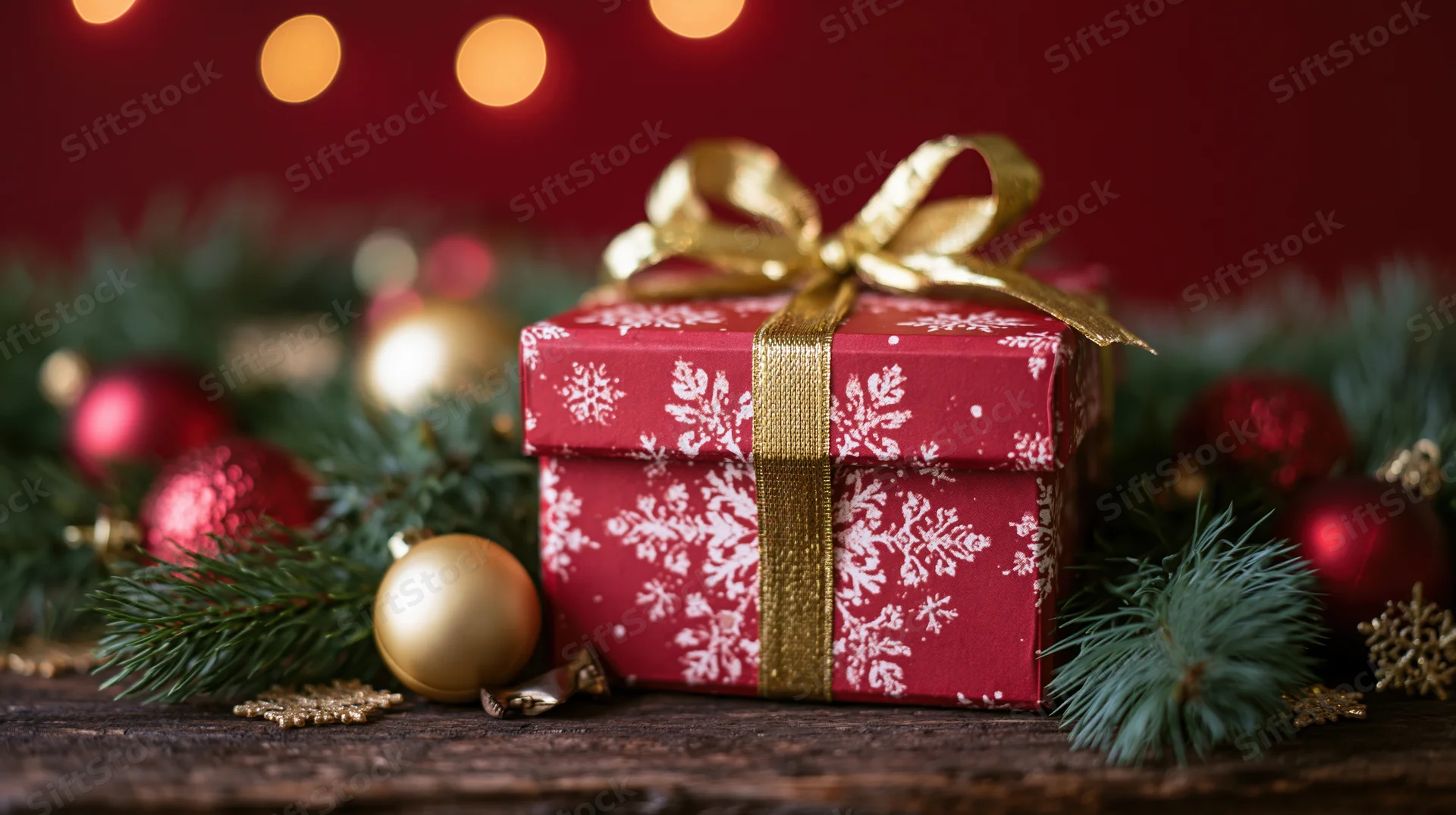 Red gift box with white snowflake pattern and gold ribbon bow on wooden surface surrounded by pine branches and ornaments