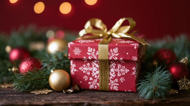 Red gift box with white snowflake pattern and gold ribbon bow on wooden surface surrounded by pine branches and ornaments