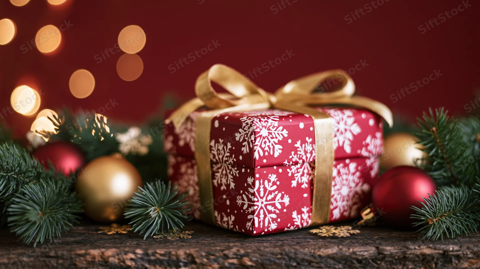 Red gift box with white snowflake pattern and gold ribbon bow surrounded by pine branches and ornaments on wooden surface with blurred lights in background