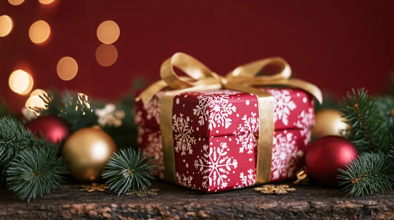 Red gift box with white snowflake pattern and gold ribbon bow surrounded by pine branches and ornaments on wooden surface with blurred lights in background