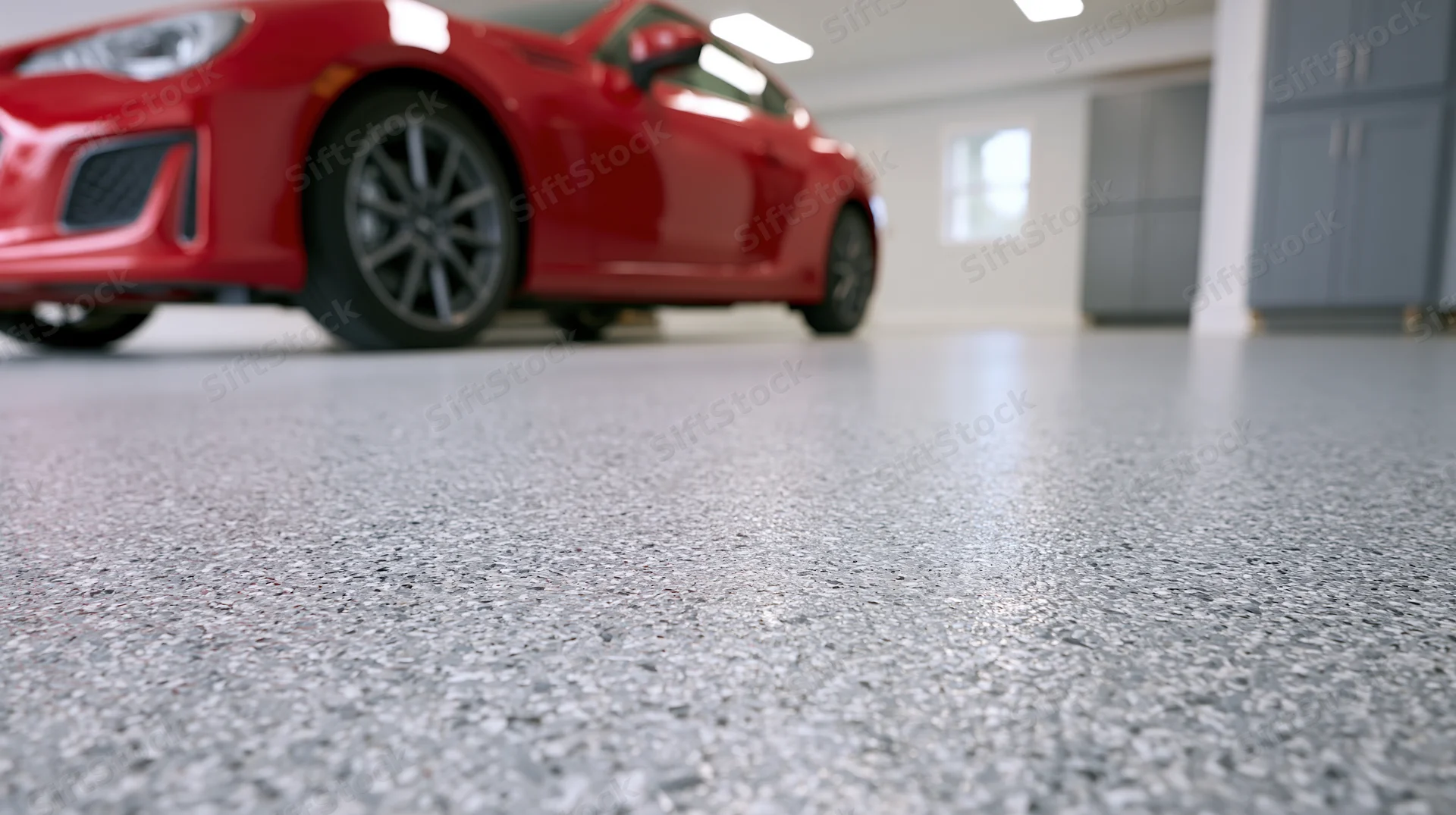 Low-angle view of gray epoxy garage floor with red sports car parked in background
