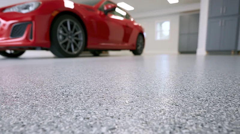 Low-angle view of gray epoxy garage floor with red sports car parked in background