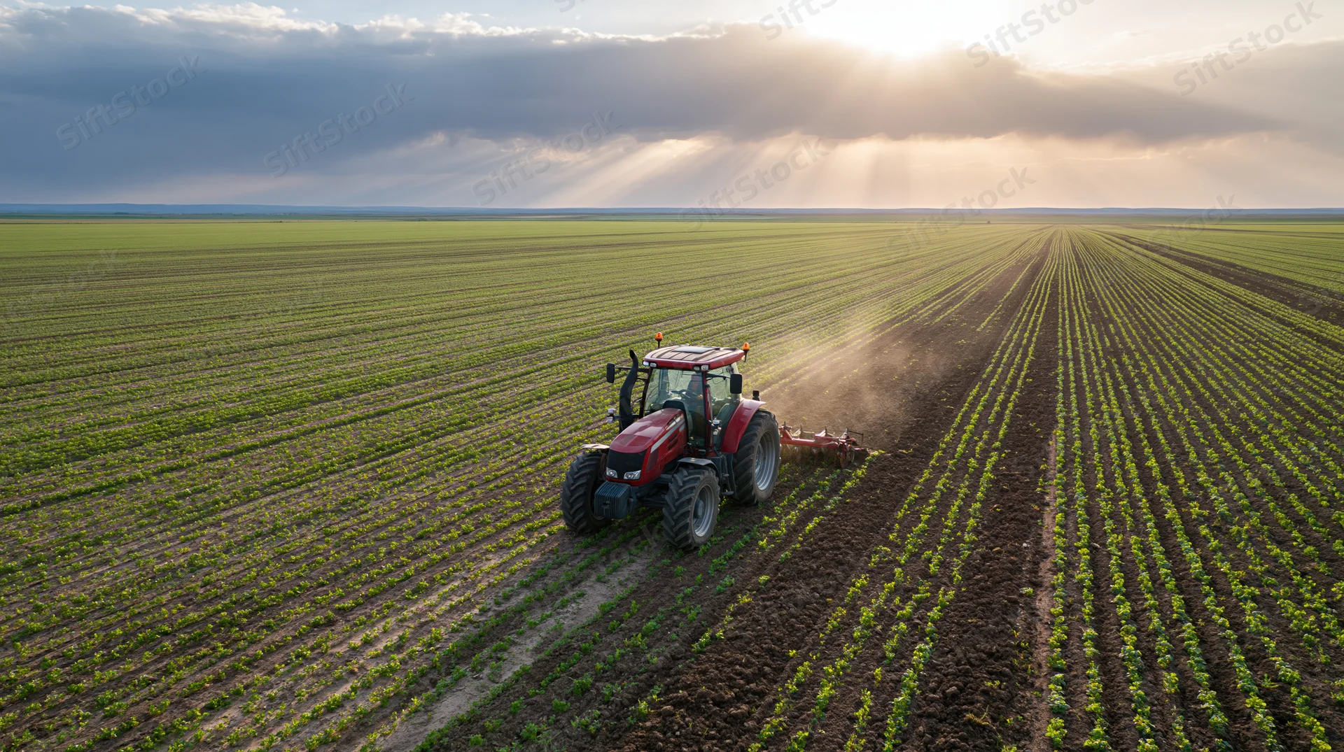 Red tractor cultivating rows of young green seedlings in a vast field at sunset