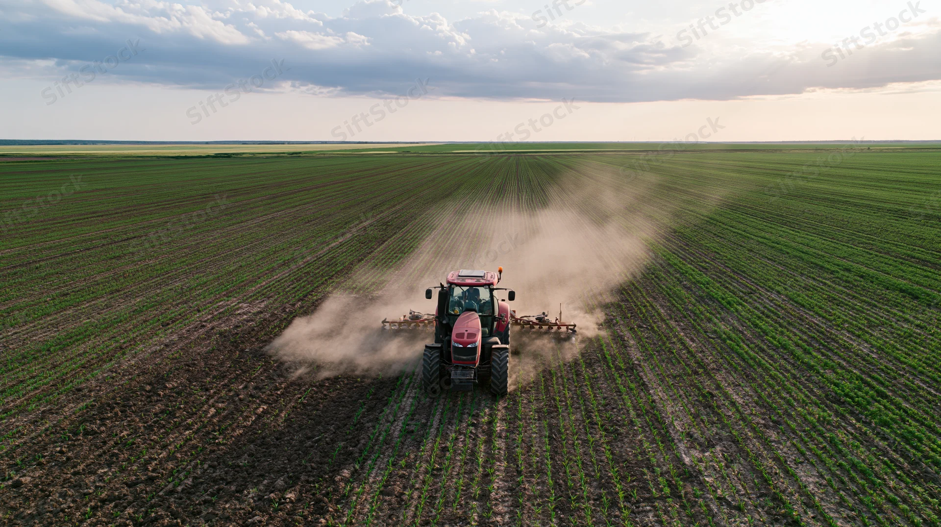 Red tractor pulling cultivation equipment across a vast field