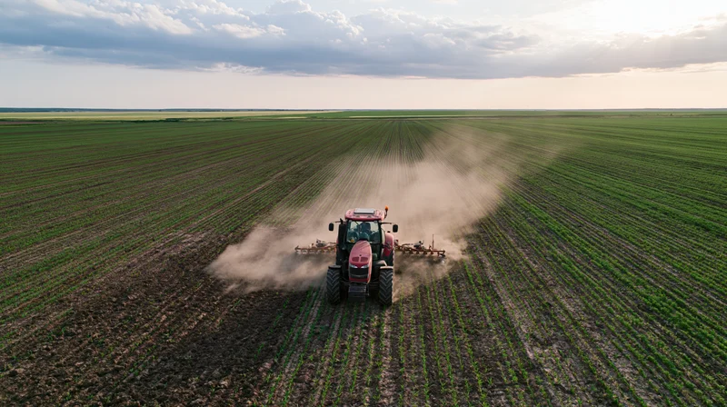 Red tractor pulling cultivation equipment across a vast field