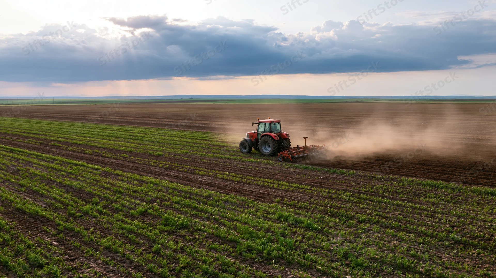 Red tractor pulling cultivation equipment across a vast field