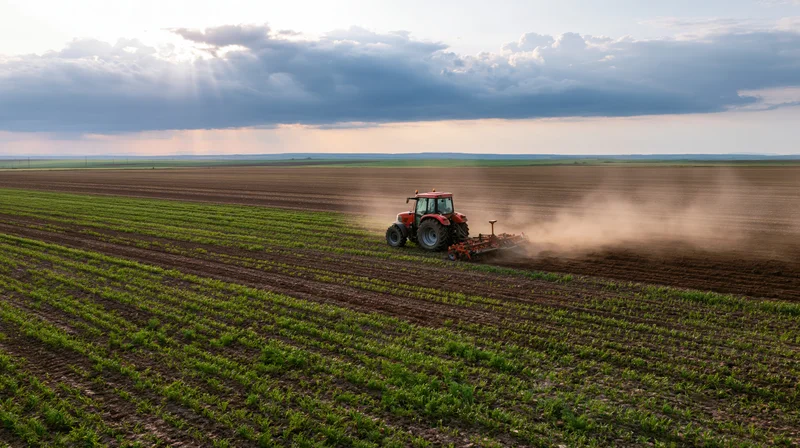 Red tractor pulling cultivation equipment across a vast field