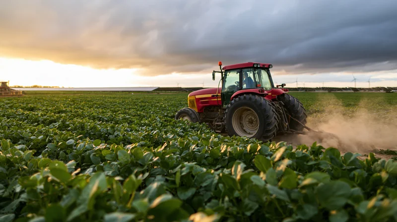 Red tractor driving through dense green soybean field kicking up dust at sunset