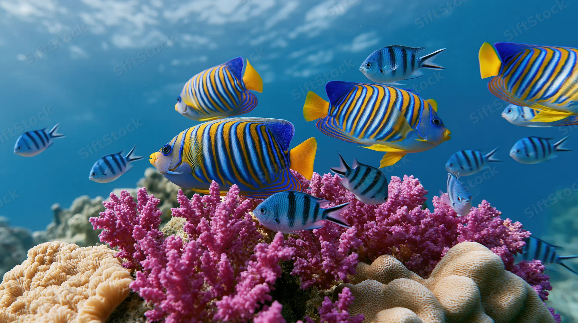 Regal angelfish and striped damselfish swimming among colorful coral in a tropical reef