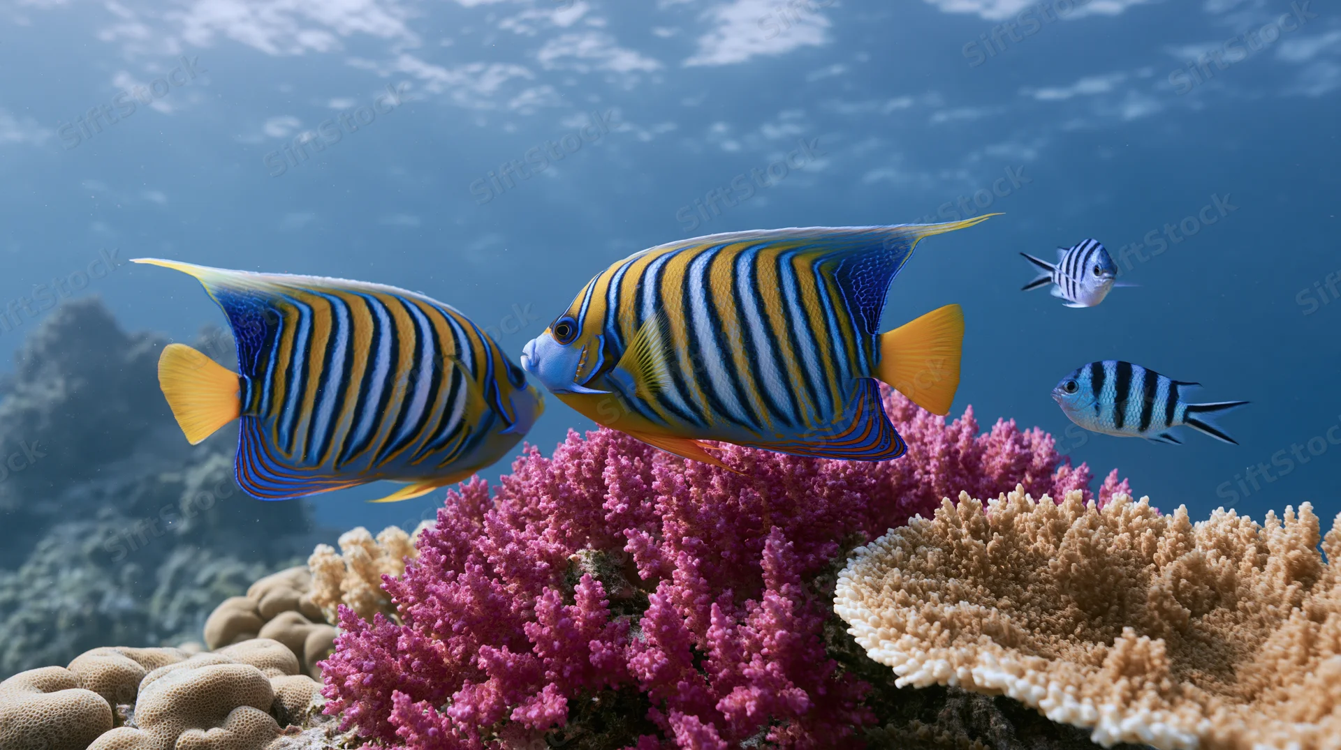 Regal angelfish and striped damselfish swimming over colorful coral reef underwater