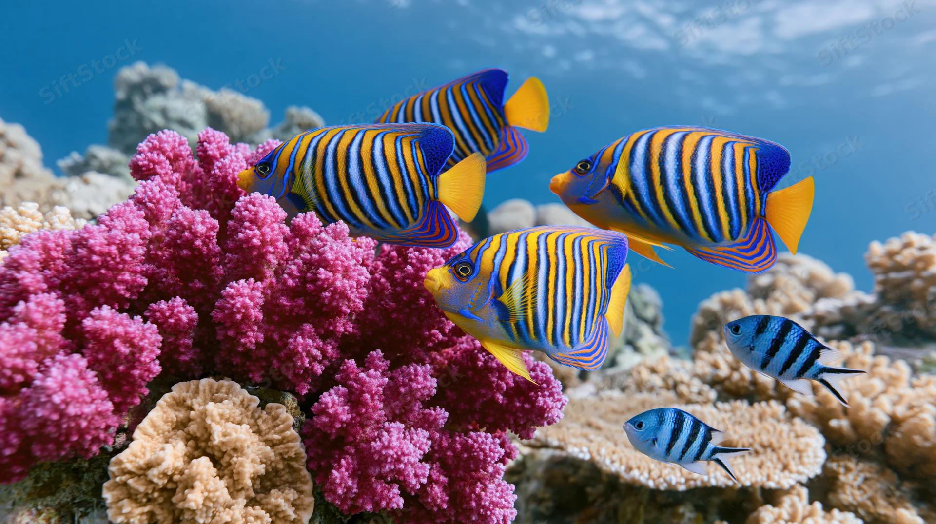 Regal angelfish and smaller striped blue damselfish swimming among vibrant pink and beige coral on a tropical reef