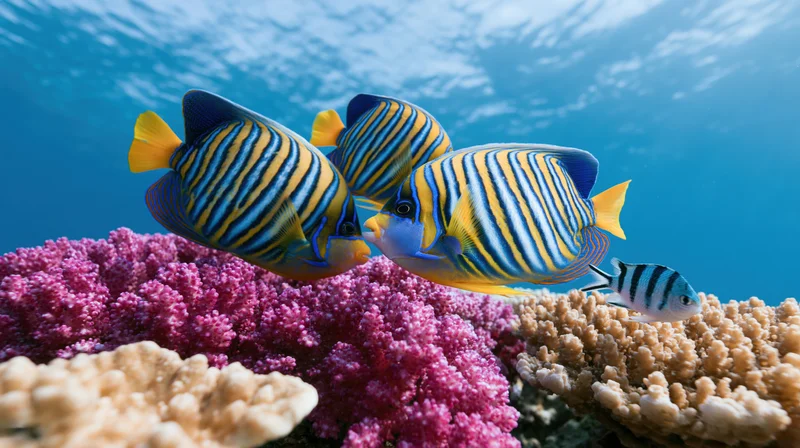 Regal angelfish swimming near pink and beige coral in clear blue ocean water