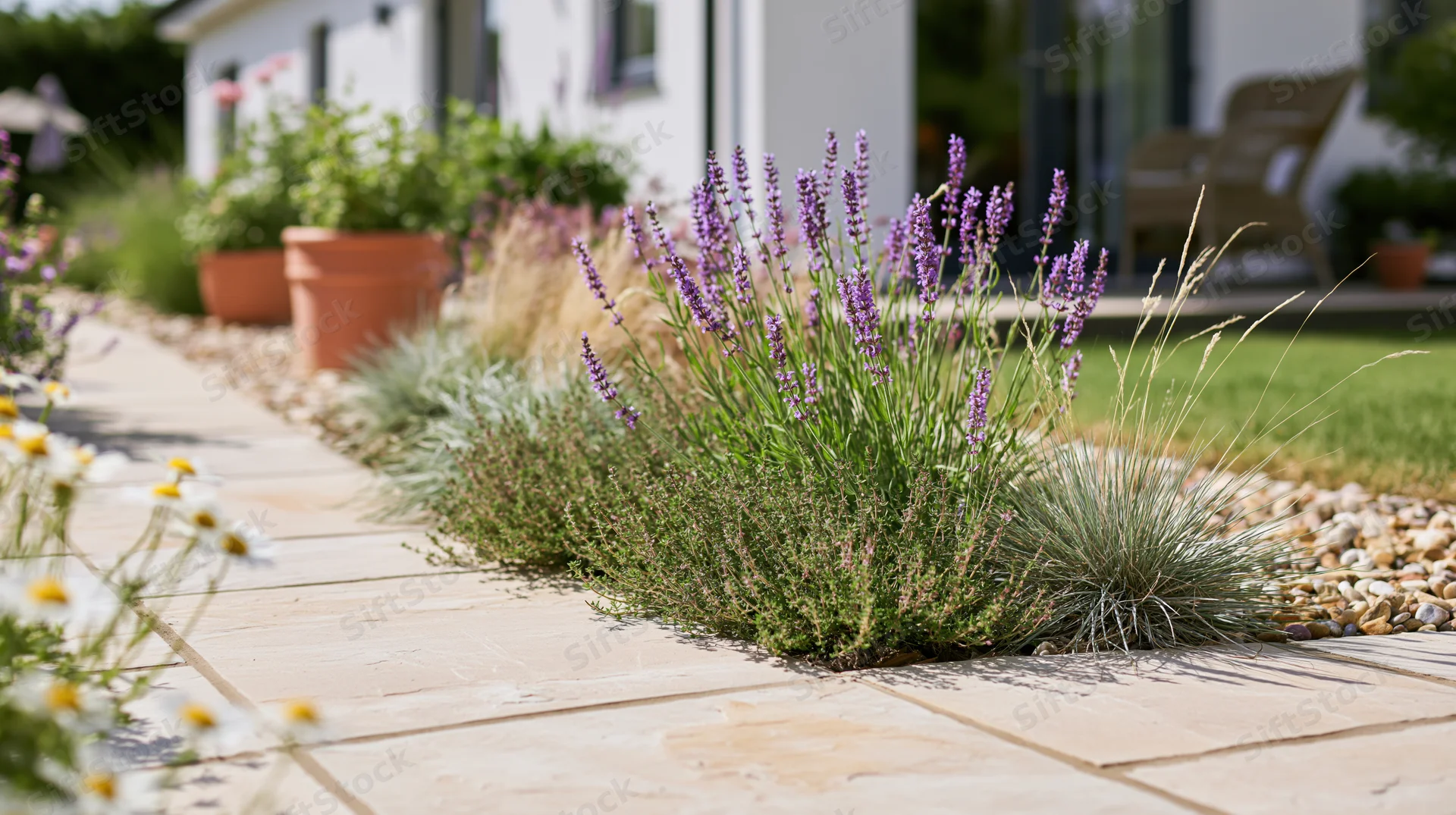 Lavender and ornamental grasses growing along a stone tile pathway in a residential front garden