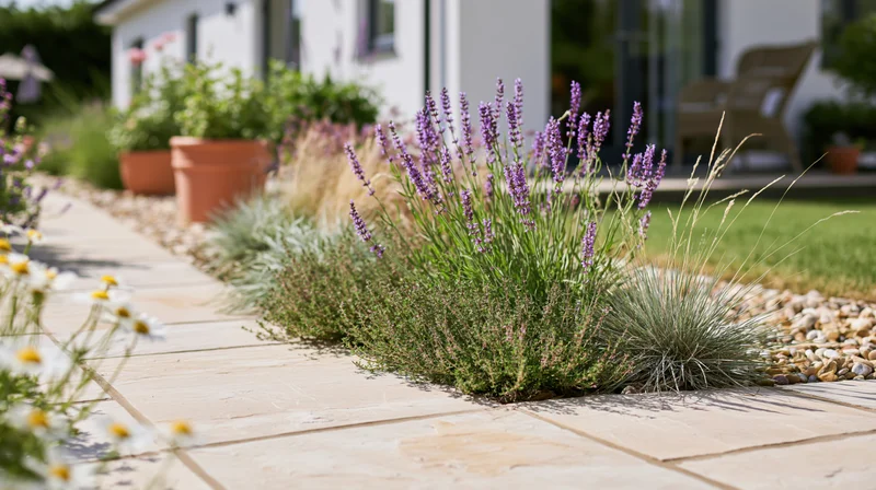 Lavender and ornamental grasses growing along a stone tile pathway in a residential front garden