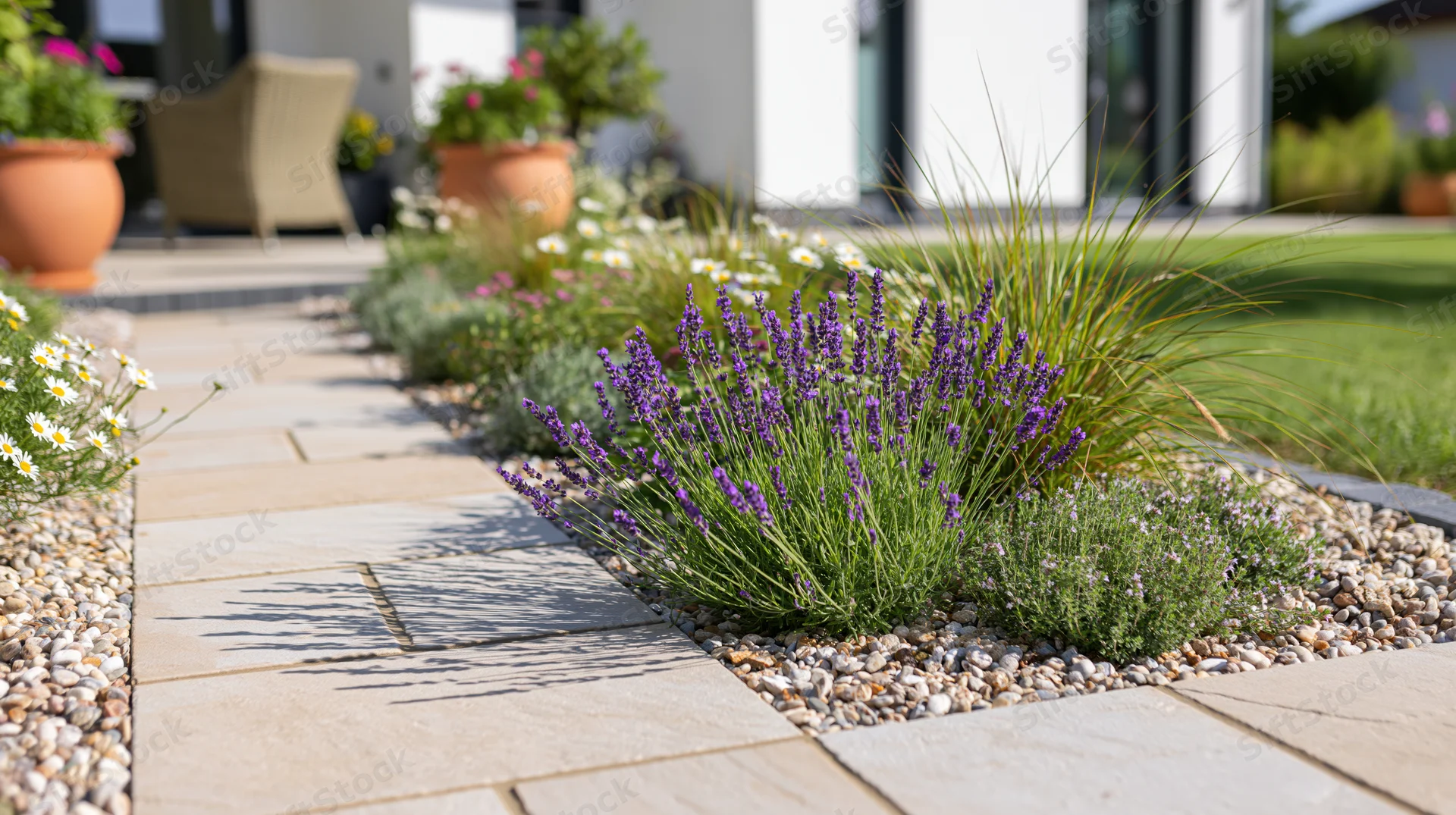 Stone tile pathway bordered by lavender and daisies in a residential front garden