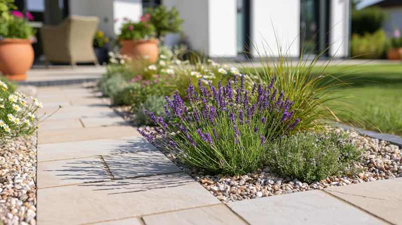 Stone tile pathway bordered by lavender and daisies in a residential front garden