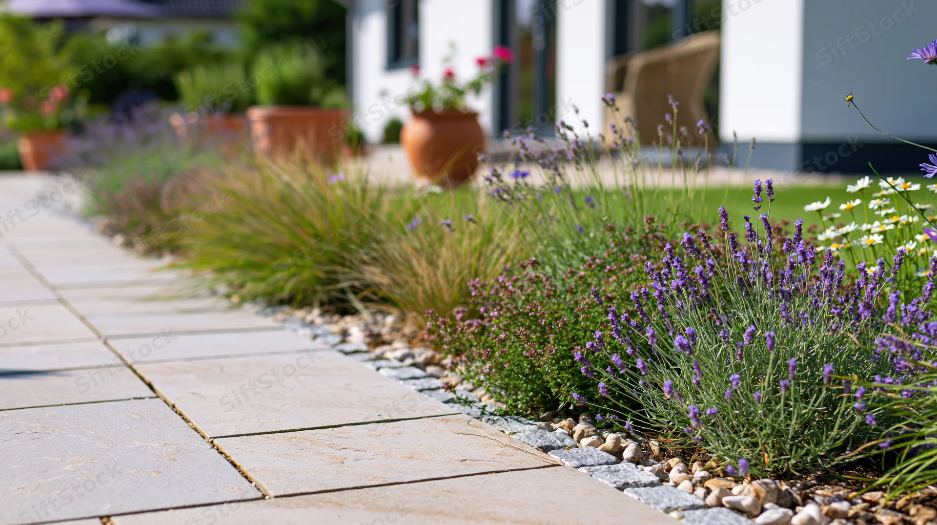 Stone tile pathway bordered by lavender and flowers in a residential front garden