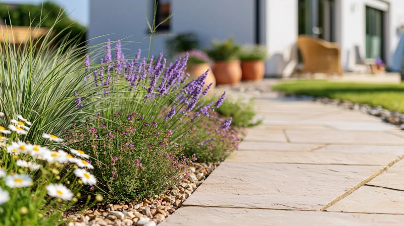 Stone tile pathway bordered by lavender and daisies in a residential front garden