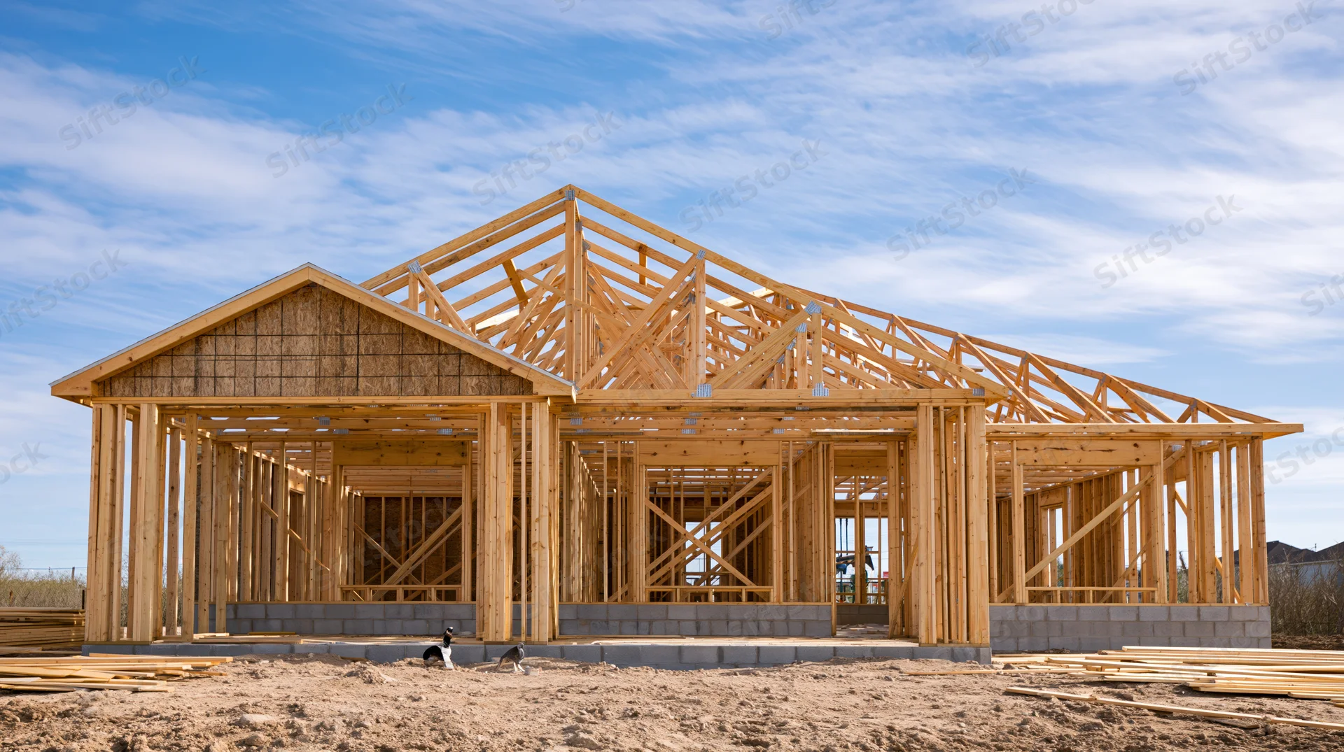 Wooden frame of a residential house under construction on a construction site with exposed beams and trusses under a blue sky