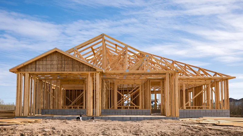 Wooden frame of a residential house under construction on a construction site with exposed beams and trusses under a blue sky