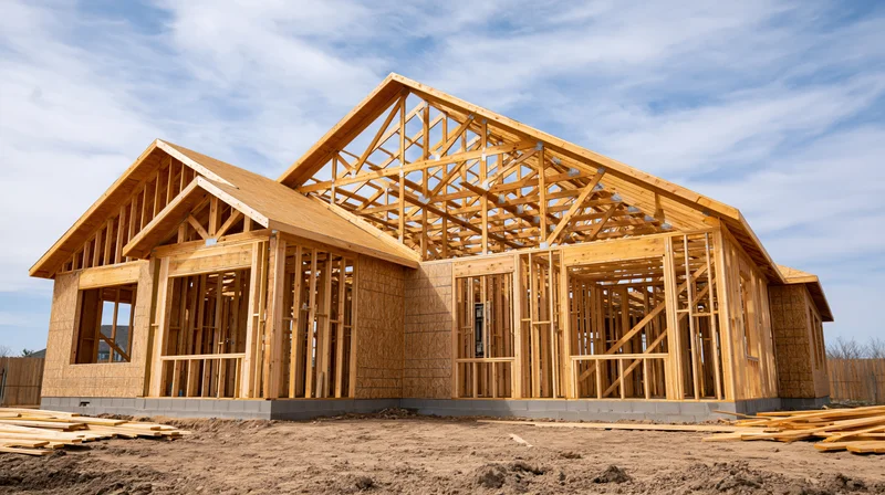 Wooden frame of a residential house under construction on a construction site