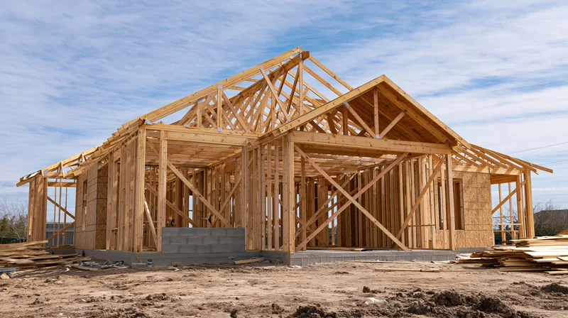 Wooden frame of a residential house under construction on a construction site with exposed beams and trusses against a blue sky