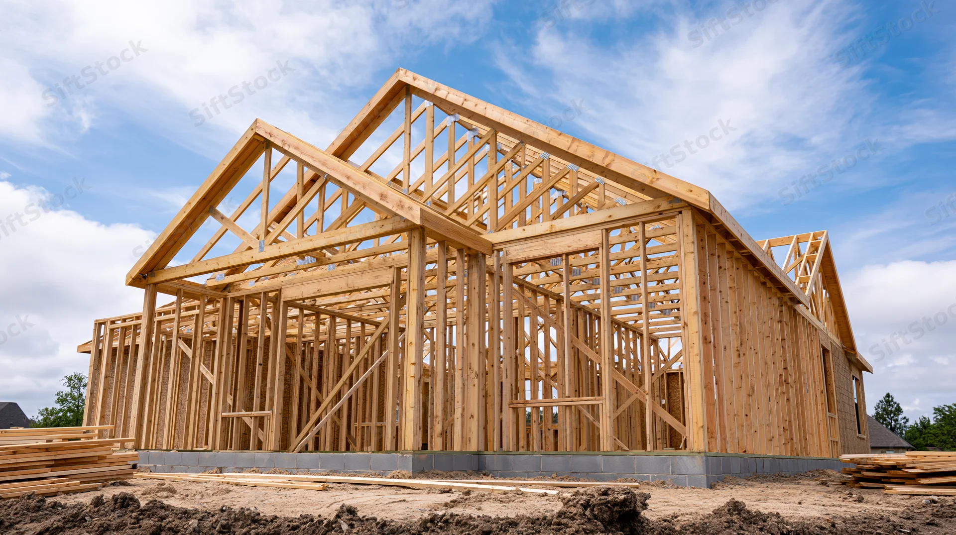 Wooden frame of a residential house under construction on a building site