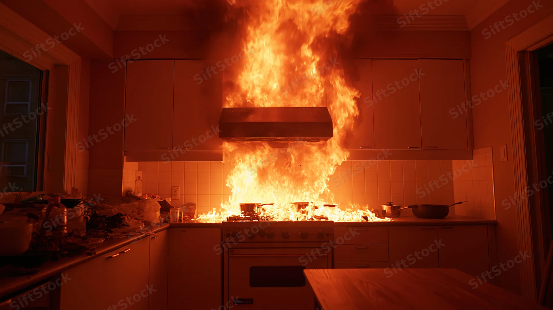 Flames erupting from kitchen stove engulfing range hood and countertops