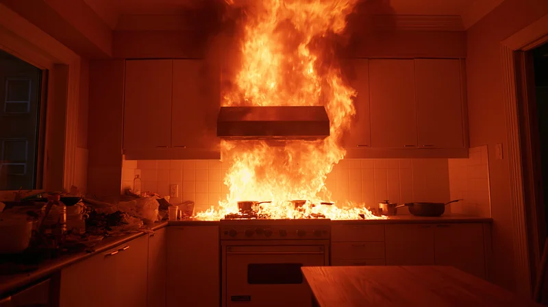 Flames erupting from kitchen stove engulfing range hood and countertops