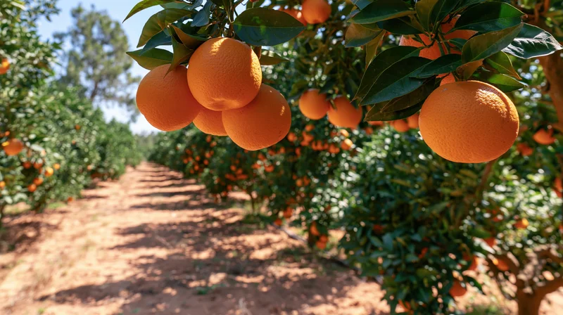 Ripe oranges hanging from branches in a citrus orchard row under sunlight