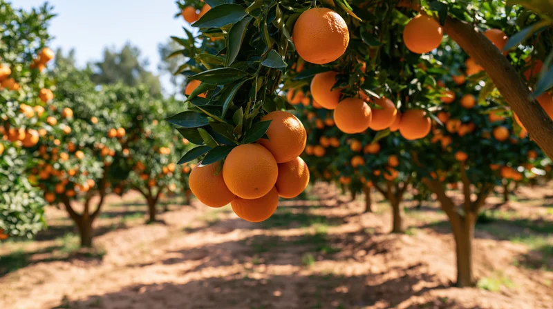 Ripe oranges hanging from branches in a citrus orchard