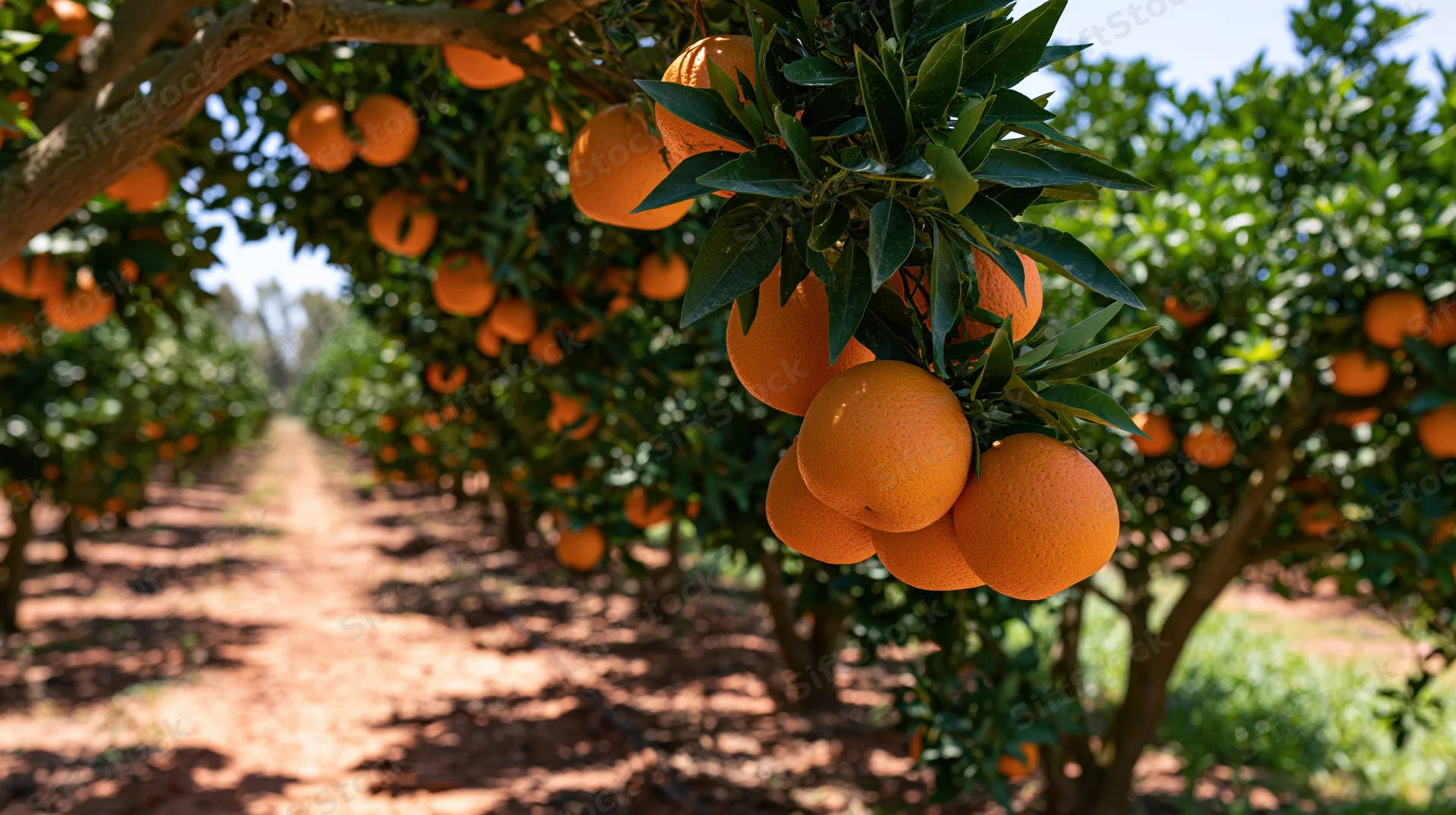 Ripe oranges hanging from branches in a citrus orchard row