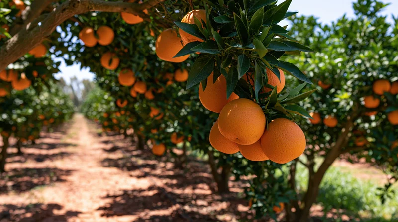 Ripe oranges hanging from branches in a citrus orchard row