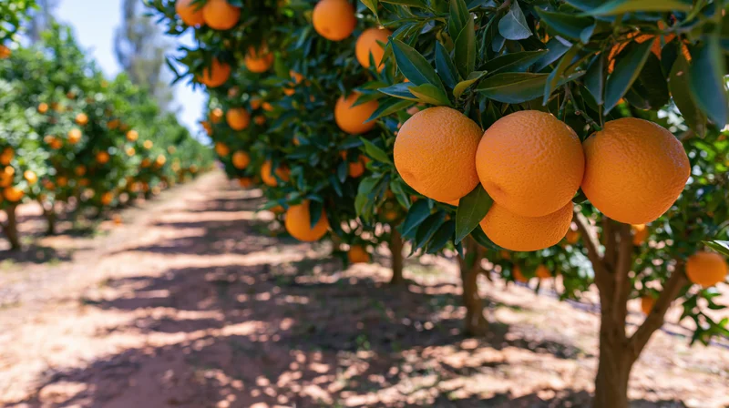 Ripe oranges hanging from branches in a citrus orchard row