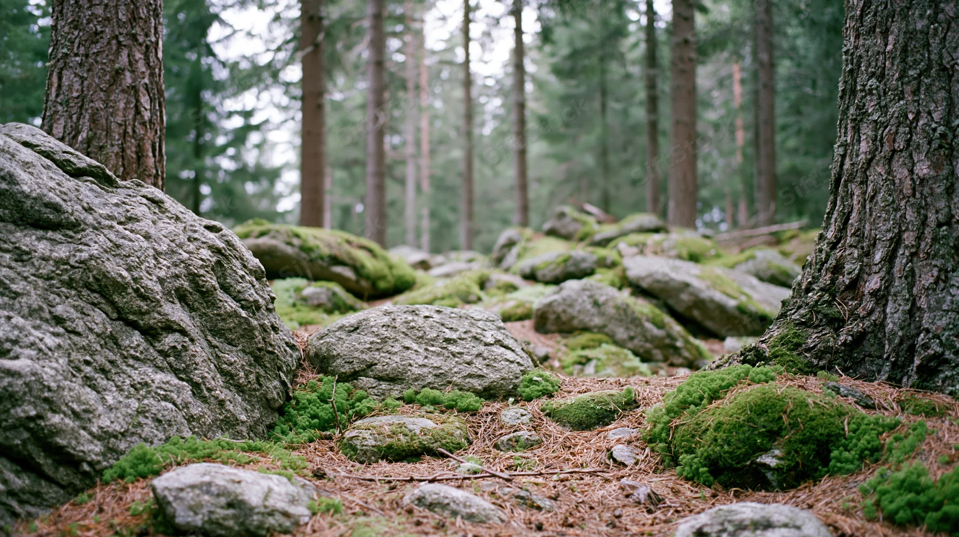Moss-covered rocks and pine trees on a forest floor