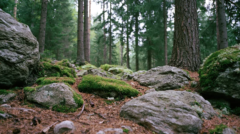 Moss-covered rocks scattered across a forest floor beneath tall pine trees