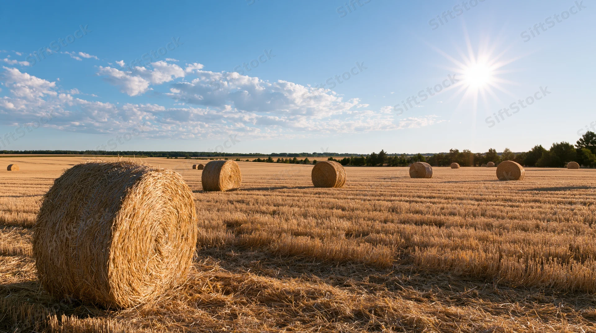 Round hay bales scattered across a freshly harvested wheat field under a bright sun and blue sky