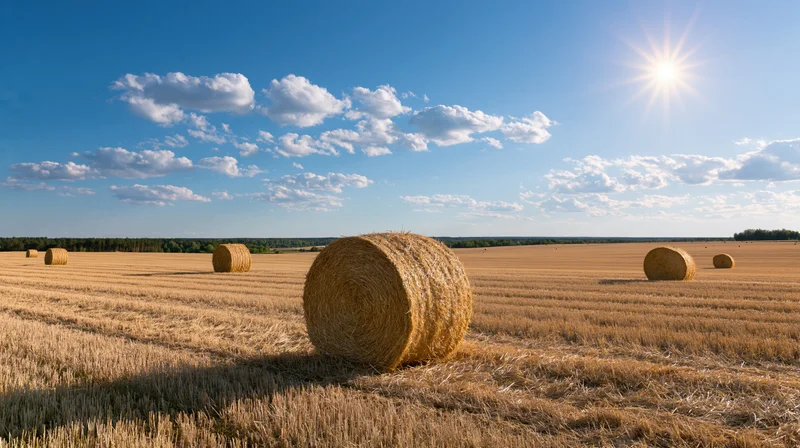 Round hay bales scattered across a freshly harvested wheat field under a bright blue sky with scattered clouds and shining sun