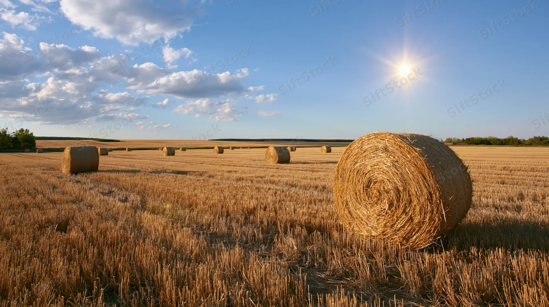 Round hay bales scattered across a harvested wheat field under a bright sun and partly cloudy sky