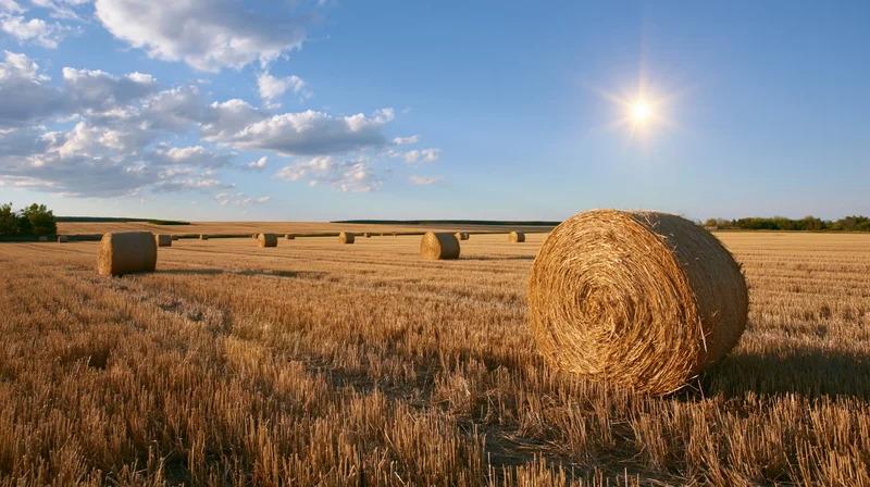 Round hay bales scattered across a harvested wheat field under a bright sun and partly cloudy sky