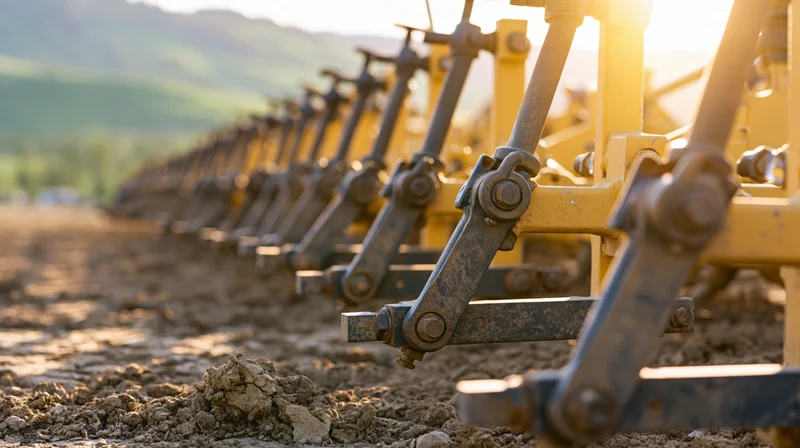 Row of yellow agricultural machinery parts attached to a plow in a tilled field at sunset