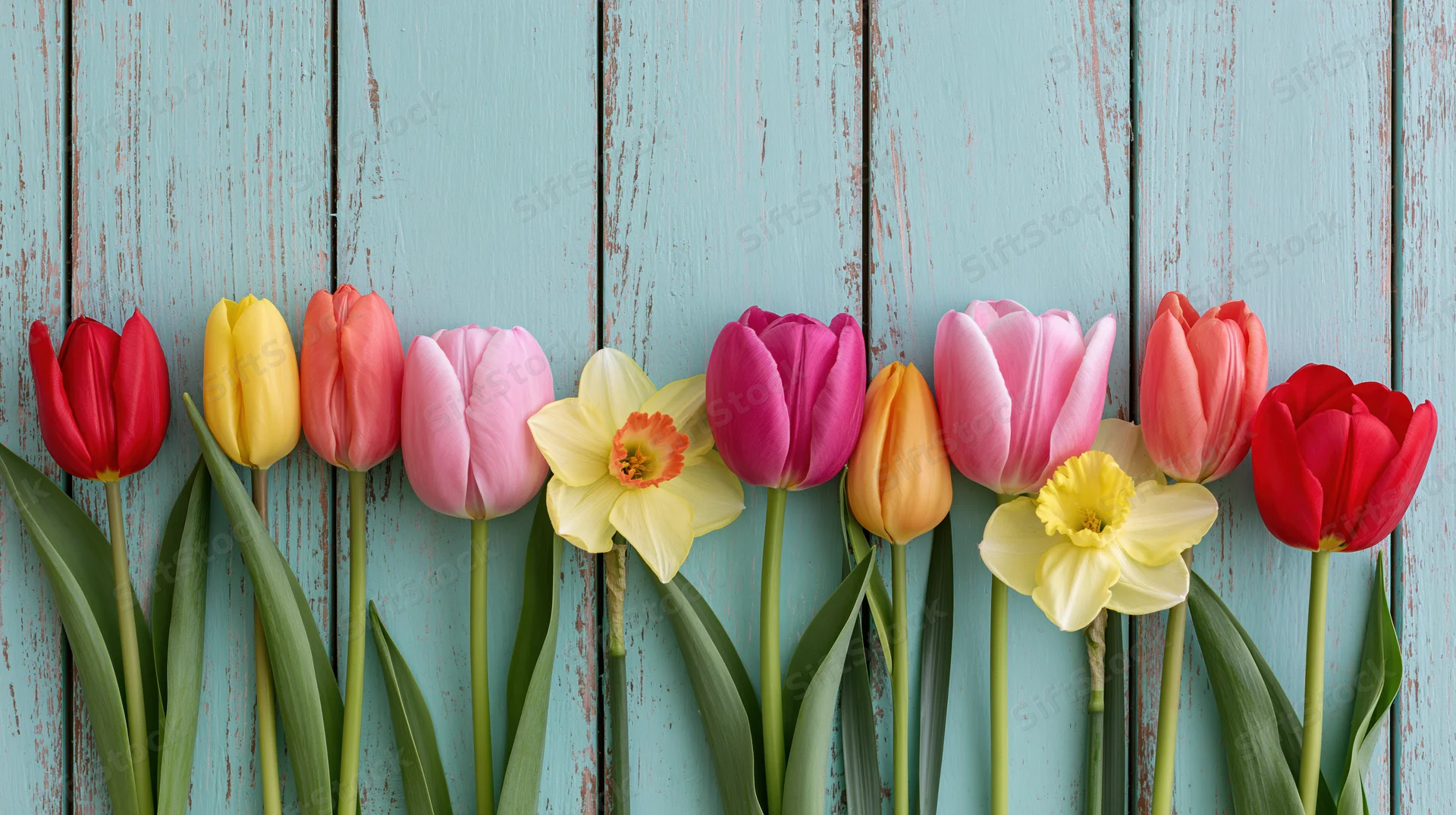 Row of colorful tulips and daffodils arranged against a weathered blue wooden background