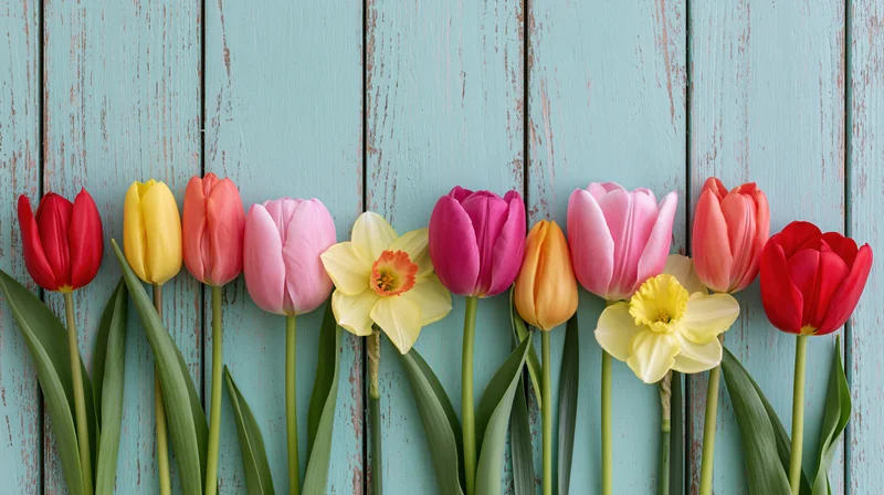 Row of colorful tulips and daffodils arranged against a weathered blue wooden background